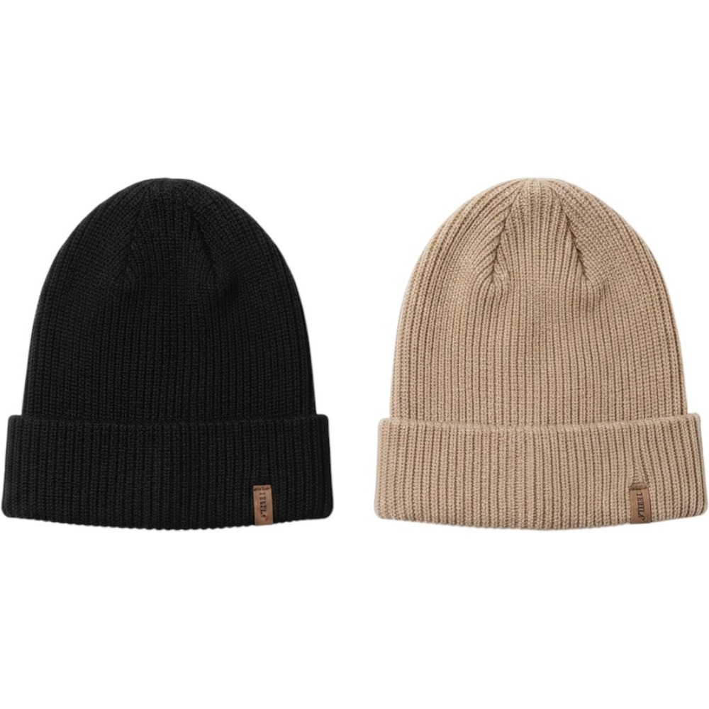 Bebila Kids Beanie Hat Set 2 Pack Black Tan Ribbed Knit Acrylic Winter Caps